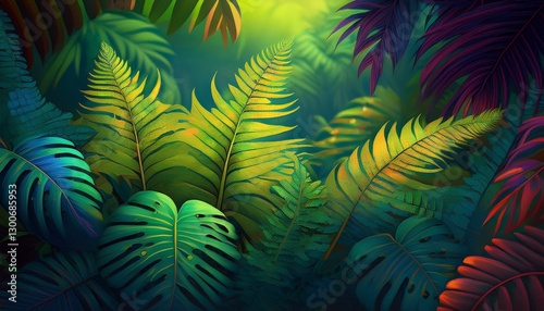 tropical fern leaves foreground
