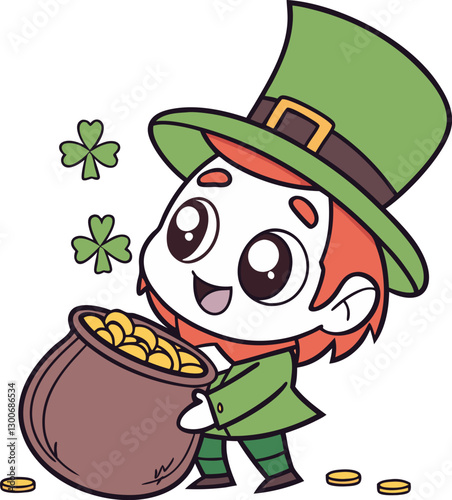 leprechaun with a pot of gold and lucky clovers celebrating St. Patrick's Day