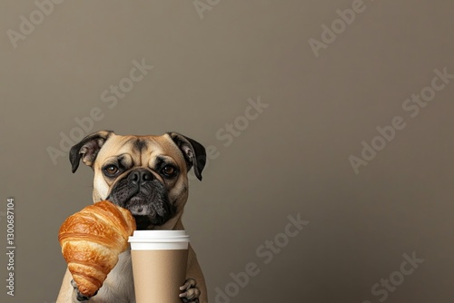 Pug holding coffee cup and croissant, showcasing charming mornin