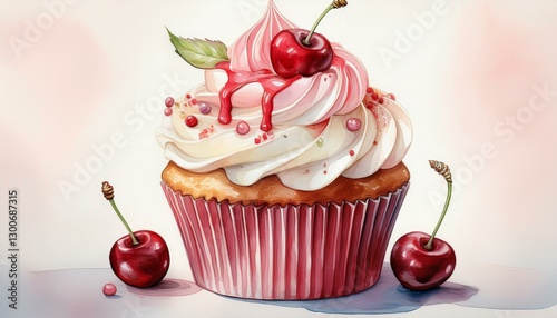 watercolor pastel cute red cherry cupcake with cream cheese frosting