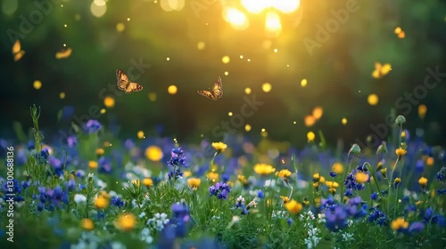 Golden Hour Meadow  Butterflies  Wildflowers  Tranquil Nature Scene