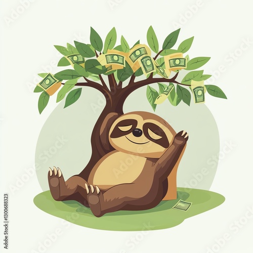 A cute sloth relaxing under a money tree, representing financial success and enjoyment of life.