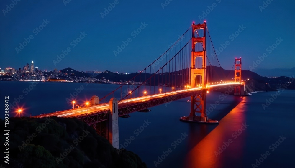 Fototapeta premium Golden Gate Bridge at night, blurred car lights streaming across, illumination, travel, abstract