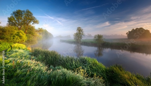 Obraz na płótnie beautiful foggy morning over the river banks w salonie