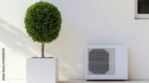Stylish outdoor scene features rounded tree beside modern air co