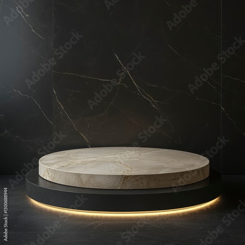 Elegant Marble Display Platform with Subtle Backlighting Against a Dark Marble Wall