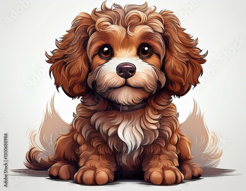 cute dog sitting with curly fur detailed illustration in brown tones on white background pet animal character design