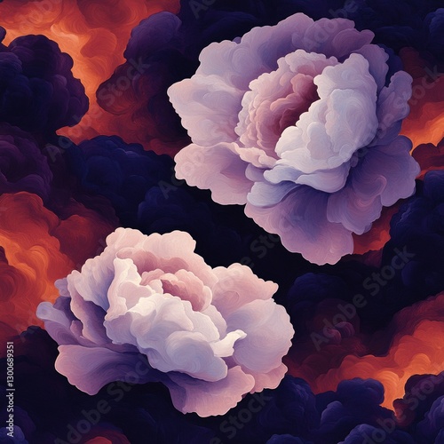 Abstract floral pattern, peonies in clouds, dark background, design photo