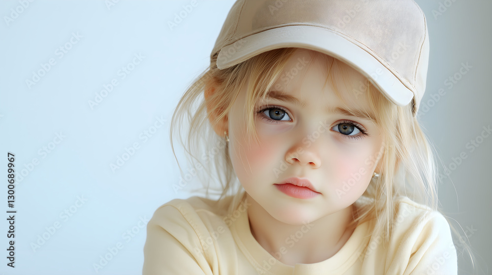 young girl with blonde hair wearing beige cap, looking thoughtfully at camera. Her expression is calm and serene young girl with blonde hair wearing beige cap, looking thoughtfully at camera. Her expression is calm and serene