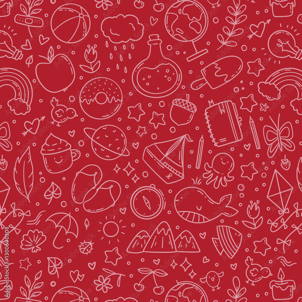 Hand drawn vector seamless pattern of summer and holiday doodle elements. Beach and warm weather related sketch objects