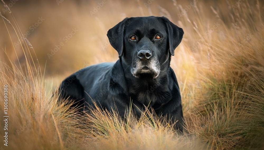 black labrador retriever dog with grey muzzle lying in long grass black labrador retriever dog with grey muzzle lying in long grass