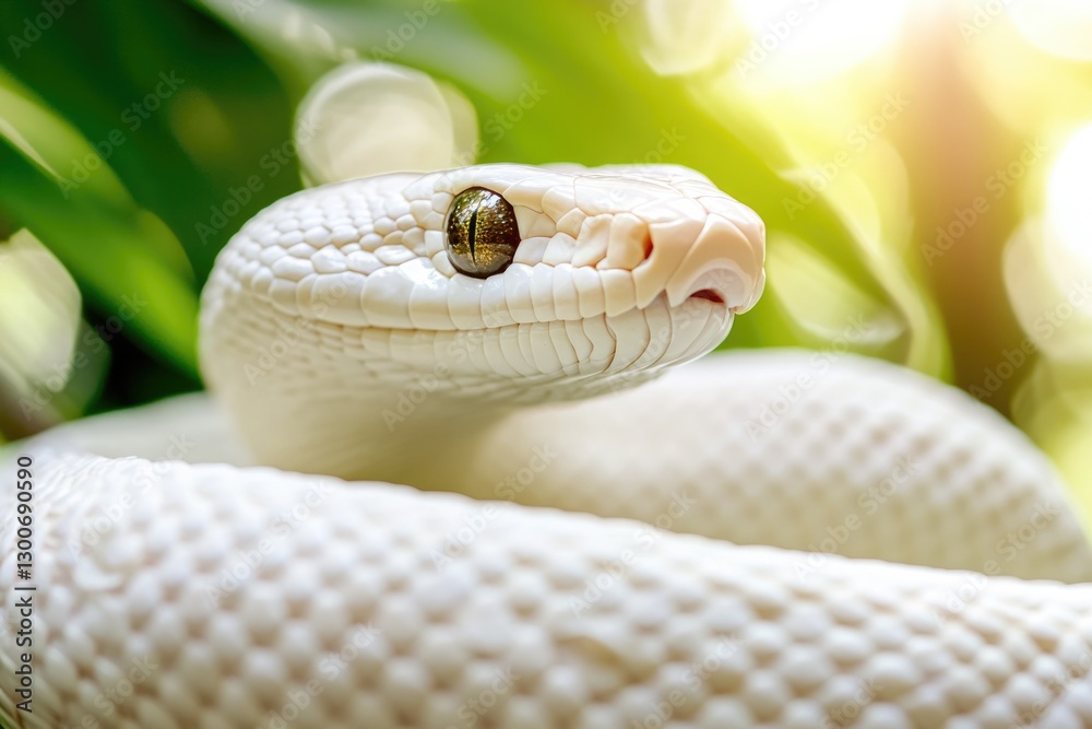 Fototapeta premium Elegant white snake blends seamlessly with lush greenery, showca