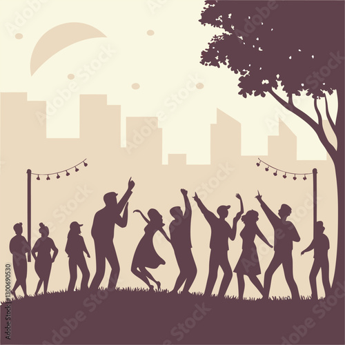 Silhouettes of People Dancing and Socializing Under String Lights – Festive Outdoor Celebration