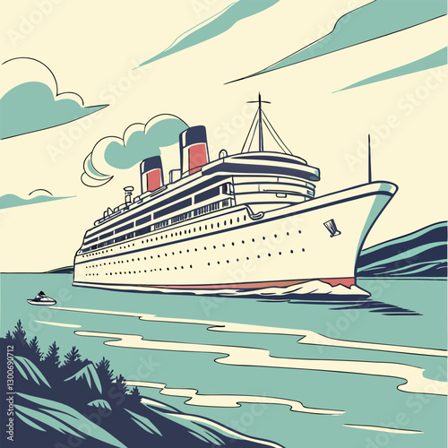 Vintage-Style Cruise Ship Sailing Across the Ocean with Seagulls in the Sky