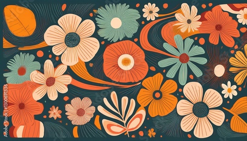 retro groovy floral illustration in wavy and naive style organic shapes vibrant flowers print for poster social media or packaging botanic  illustration