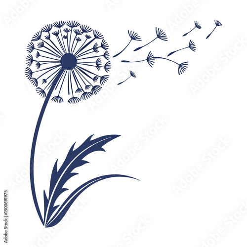 Dark Blue Stylized Dandelion with Floating Seeds – Artistic Botanical Illustration