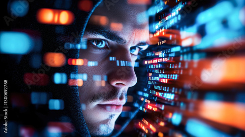 digital phantom in black hoodie with intense focus, surrounded by vibrant data streams