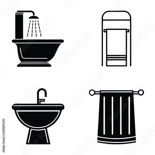 Bathroom Essentials Outline Icons Black Silhouette Design