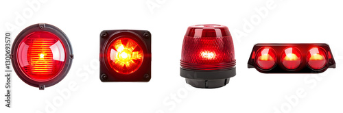Four Types of Red Emergency Warning Lights Displayed for Safety.