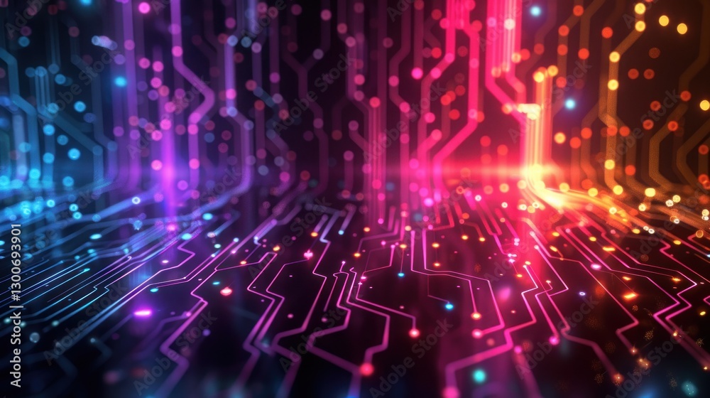 Abstract glowing circuit board background with vibrant pink, blue and orange colors. Abstract glowing circuit board background with vibrant pink, blue and orange colors.