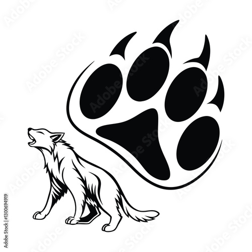Illustration of a Howling Wolf with a Large Paw Print Behind It – Symbolizing Strength and Wilderness