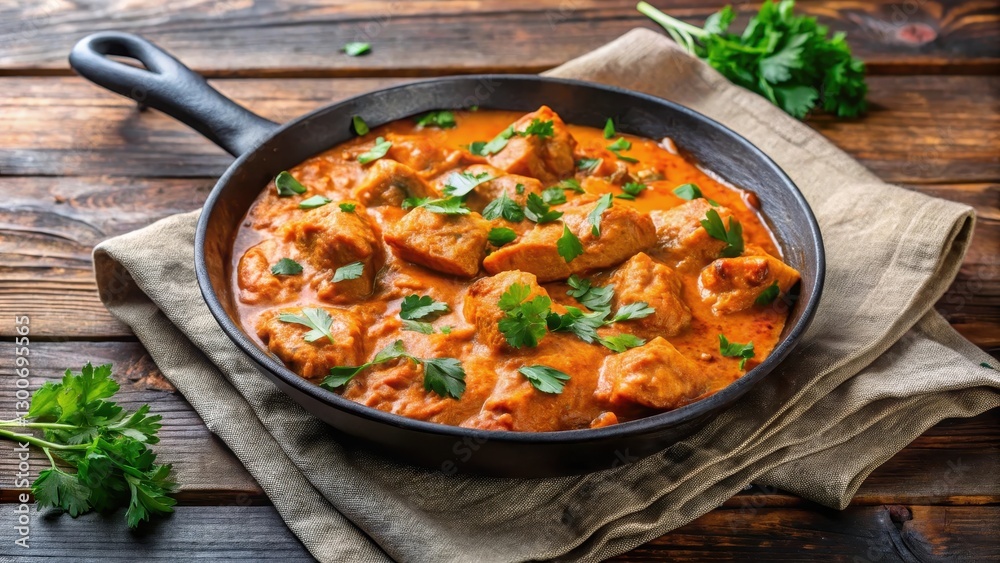 Traditional Indian dish, Tikka Masala Chicken cooked in cast iron skillet on wooden background, parsley, aroma, parsley, aroma Traditional Indian dish, Tikka Masala Chicken cooked in cast iron skillet on wooden background, parsley, aroma, parsley, aroma
