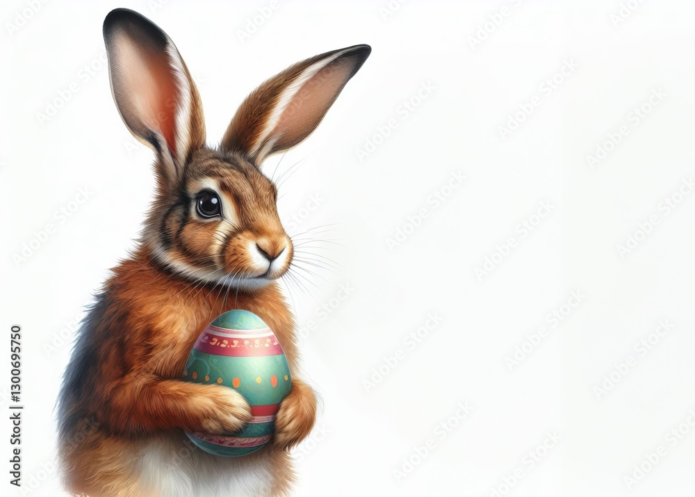 Fototapeta premium Ein realistischer Osterhase hält ein verziertes Osterei vor einem schlichten Hintergrund mit viel Platz für Text – ideal für Grußkarten oder Banner. Generative KI