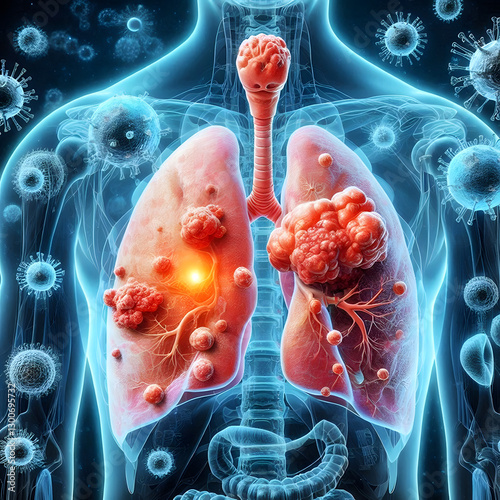 3D illustration of lungs with cancerous tumors and a syringe, representing lung cancer researc