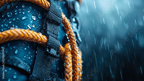 Close up of waterproof rescue bag with orange rope and raindrops, showcasing durability and functionality in wet conditions