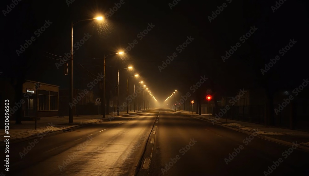 A Foggy Night Street Scene: Golden Lights Illuminate a Deserted Road A Foggy Night Street Scene: Golden Lights Illuminate a Deserted Road