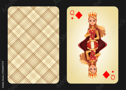 Original design of playing card queen of diamonds, front and back. Queen of Diamonds in cartoon vintage style. Vector illustration