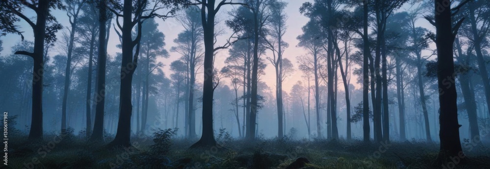Dense forest at dusk with silhouettes of trees and wildlife amidst blue hues, atmosphere, blue, evening Dense forest at dusk with silhouettes of trees and wildlife amidst blue hues, atmosphere, blue, evening