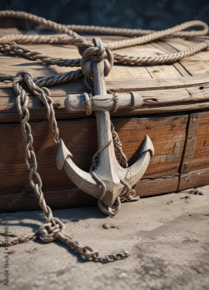 Fototapeta premium Distressed wooden boat anchor with rope and chain , rope, old