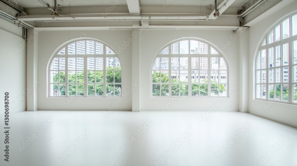 Bright White Room Large Arch Windows City View Modern Interior Design Bright White Room Large Arch Windows City View Modern Interior Design