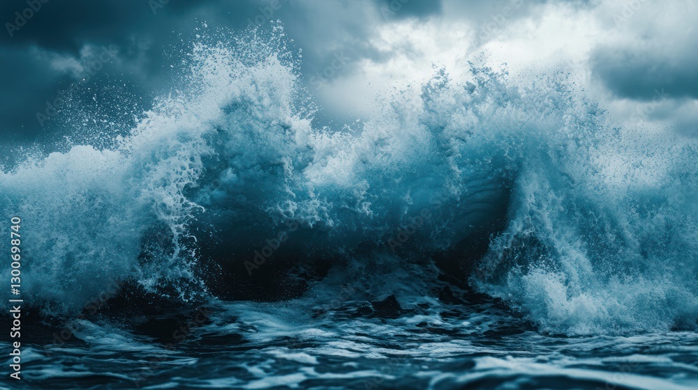 Naklejka premium Dramatic ocean waves crashing under a stormy sky.
