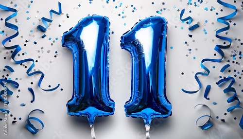 Blue balloon number 11 for eleventh birthday or anniversary party. White background with confetti