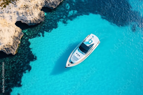 Aerial view of a boat on the blue sea in Malta.