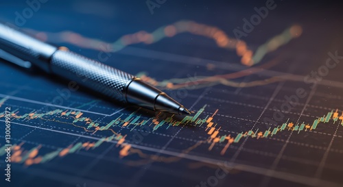 The elegant pen reflects professionalism and business analytics against the background of financial charts