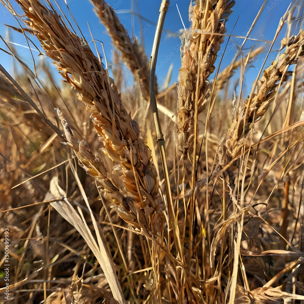Fototapeta premium Golden Harvest under the Blue Sky: A close-up shot captures the warm tones of golden wheat, swaying gently in the sunlight against a backdrop of a clear, bright blue sky, suggesting a bountiful yield.