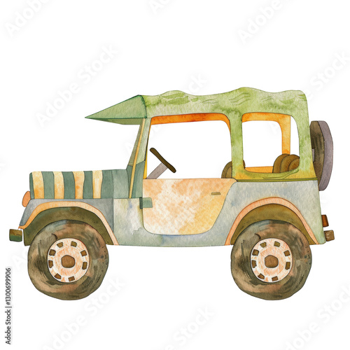 Watercolor cute vintage green safari car for travel and road trip go to camping clip art element illustration

