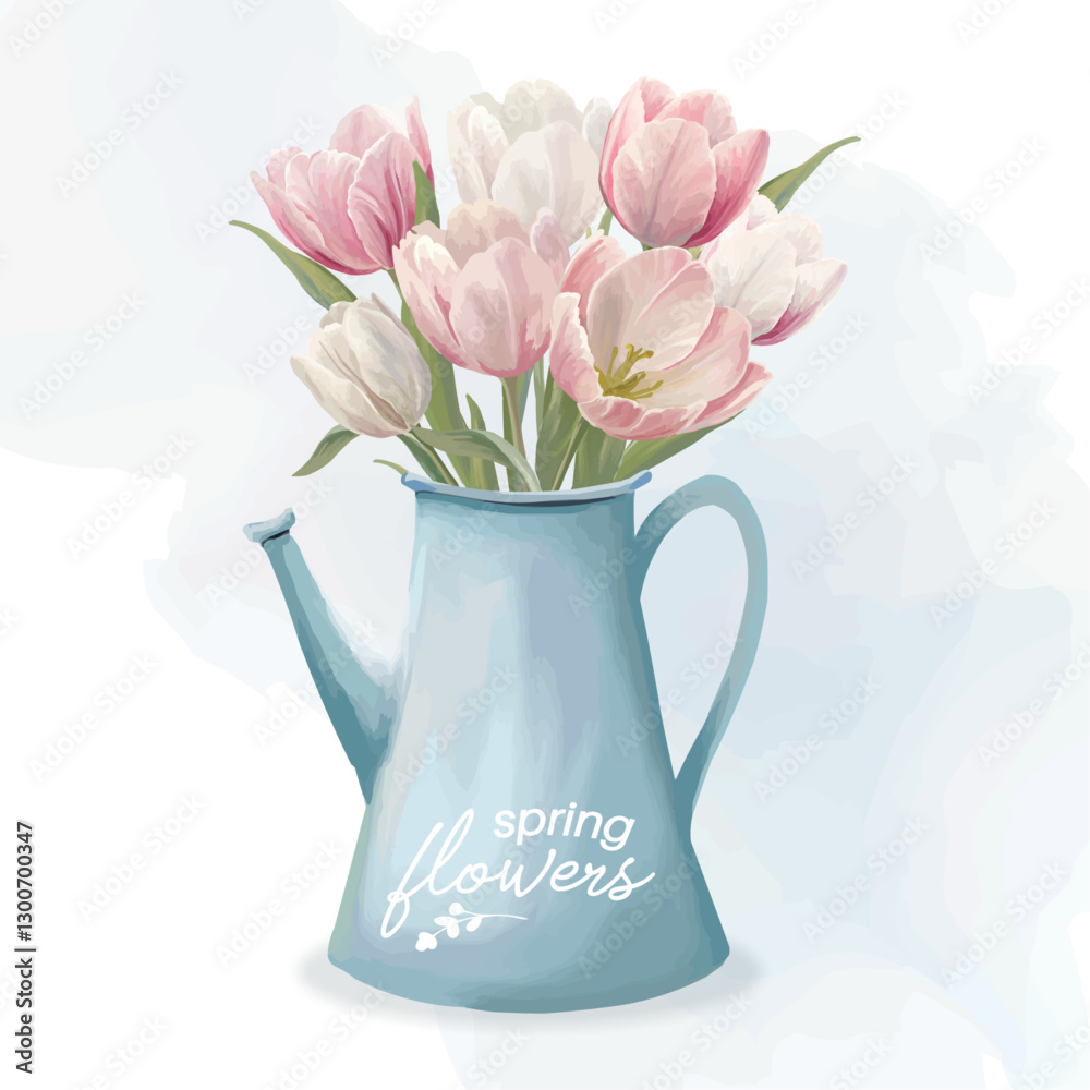 custom made wallpaper toronto digitalSpring flowers Pink and white tulips in watering cane Spring composition
