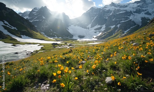 Mountain meadow with melting snow patches revealing spring wildflowers, dramatic lighting