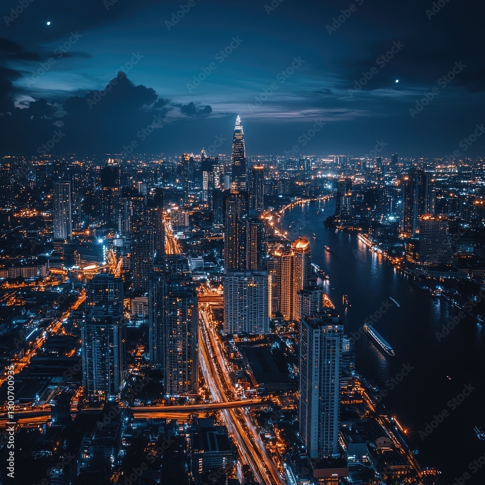 Obraz premium Nighttime cityscape of kuala lumpur urban landscape aerial view vibrant lights modern architecture