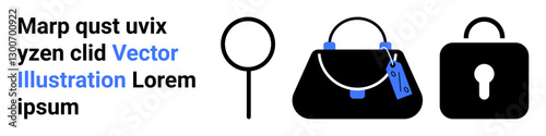 Magnifying glass, handbag with price tags, and locked padlock represent search, shopping, security. Ideal for retail, e-commerce, product research, cybersecurity privacy branding flat landing page