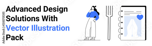 Woman in casual outfit beside notebook with heart and a fork, highlighting thoughtful planning, design, creativity. Ideal for teamwork, productivity, self-expression, lifestyle, education analysis