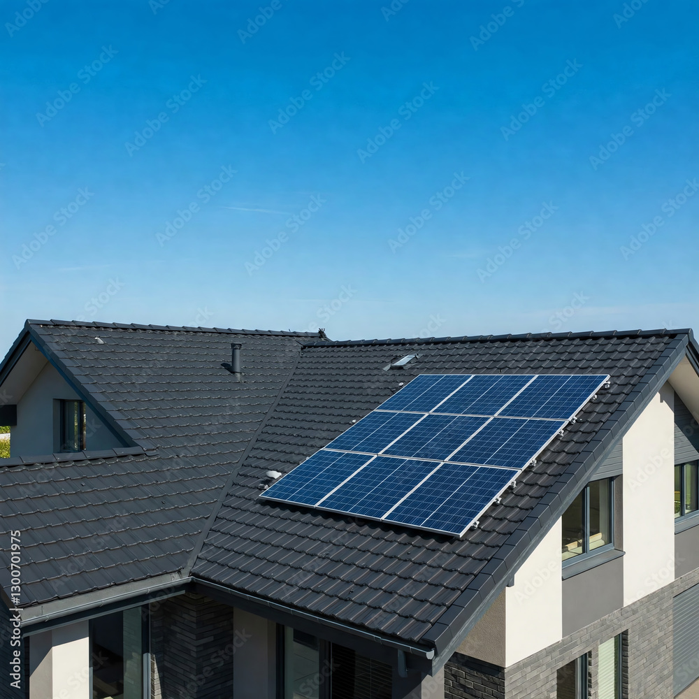 Modern house with blue solar panels on the roof. End of the day, sunset. Idyllic atmosphere Modern house with blue solar panels on the roof. End of the day, sunset. Idyllic atmosphere