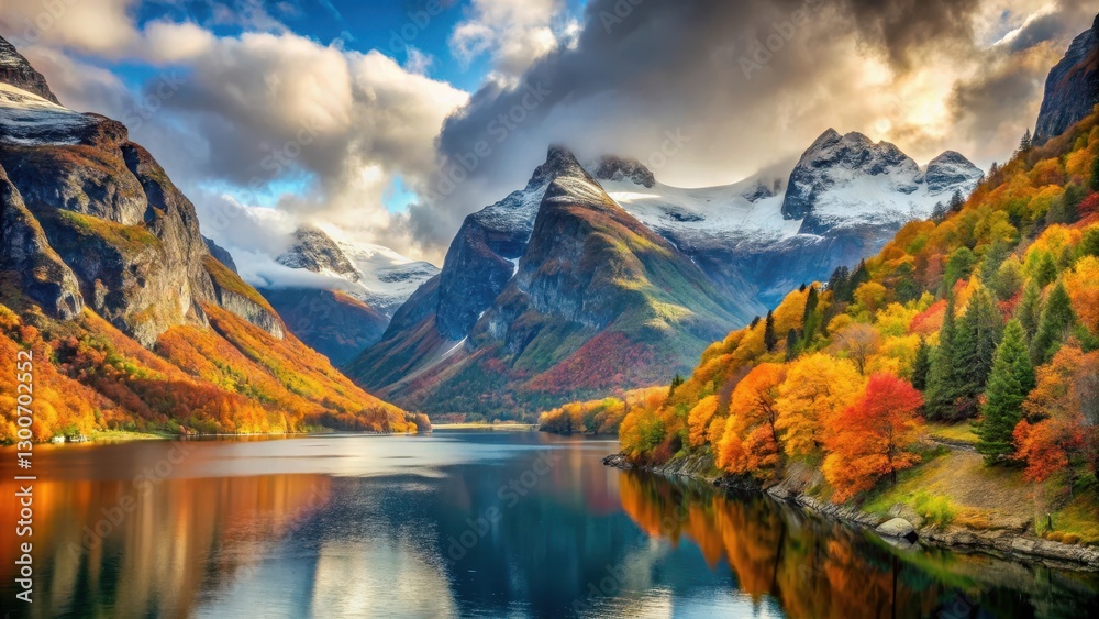 Naklejka premium Vibrant autumn colors amidst majestic fjords of Norway