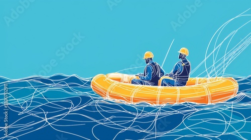 Fishermen on Rescue Boat Surrounded by Waves and Blue Ocean Water