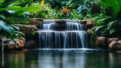 Serene Waterfall in Lush Tropical Garden