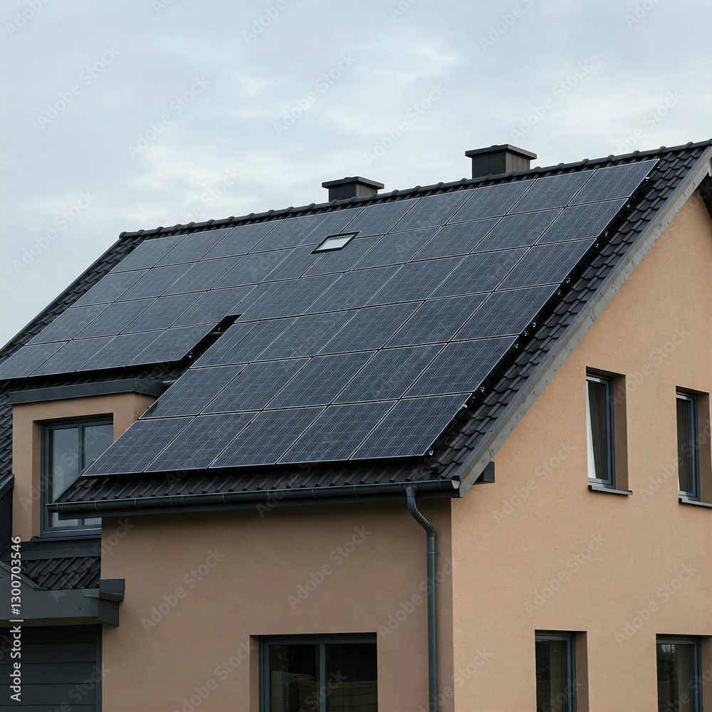 Modern house with blue solar panels on the roof. End of the day, sunset. Idyllic atmosphere Modern house with blue solar panels on the roof. End of the day, sunset. Idyllic atmosphere